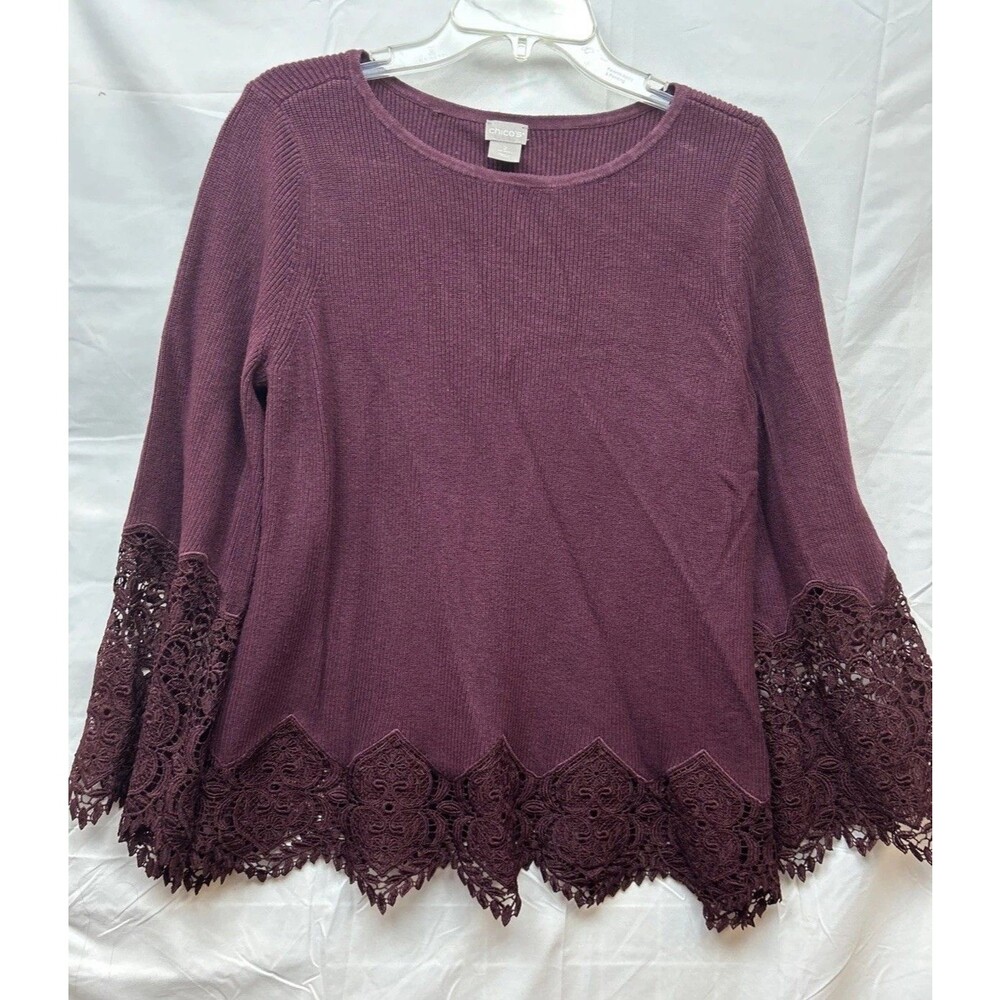 Chico’s Sz2 Large Burgundy Sweater Lace Him Sleeve Boho Knit Pullover